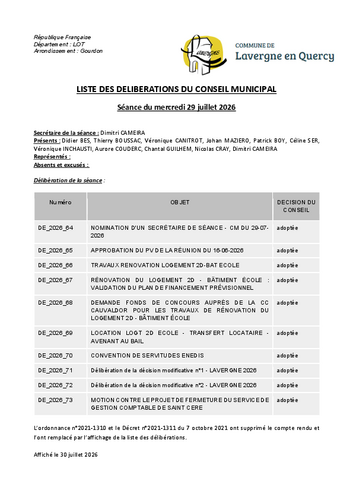 liste délibération du CM du 29/07/2026
